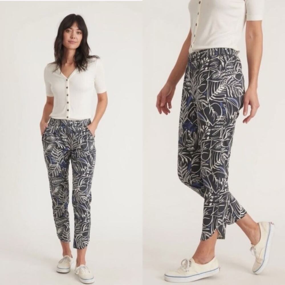 Marine Layer Re-Spun Tropical Print Pants XL Black Blue Elastic Waist Crop Ankle